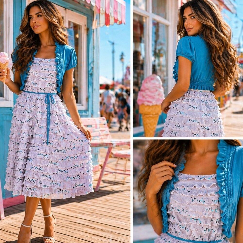 Y2K Speechless L Coastal Blue White Sequin Ruffle Dress Shrug Midi Party Dress